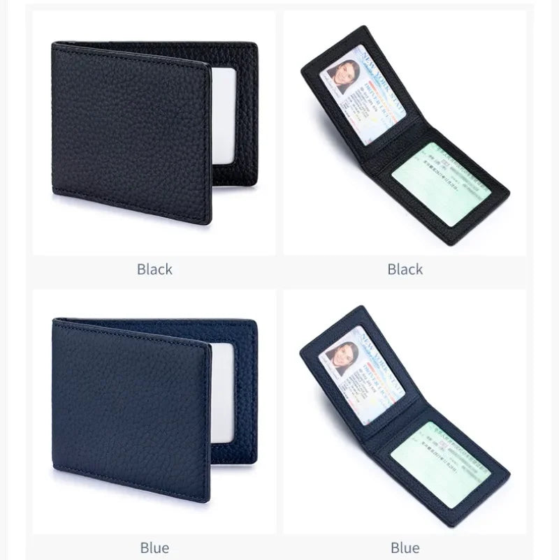 Thin Minimalist Bifold Design Driver's Licence Cover Genuine Leather ID Badge Window Slot Credit and Debit Vaccinum Cards Holder