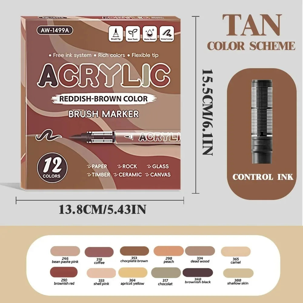 12 Pcs Black and White/Gold and Silver Acrylic Paint Markers Set, Large Ink Capacity, Skin Color Brush Markers Pen Art Supplies