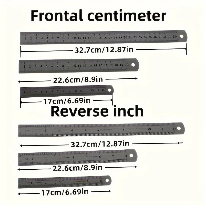 3Pcs Stainless Steel Ruler Set, Durable Accurate Measuring Tool, Anti-Slip Back, Easy-to-Read Markings, 304 Stainless Steel for