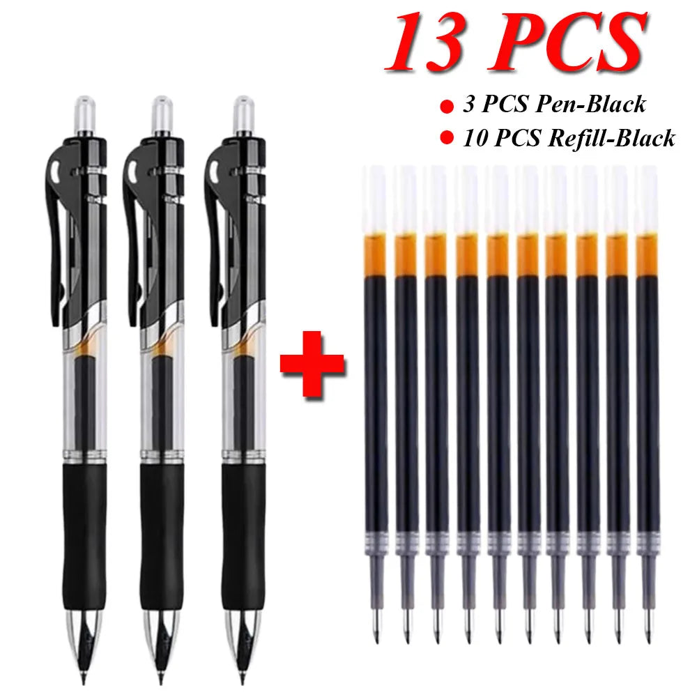 13Pcs Set Ballpen Retractable Gel Pens Black Red Blue Ink 0.5mm Ballpoint Replaceable Refills Office School Supplies Stationery