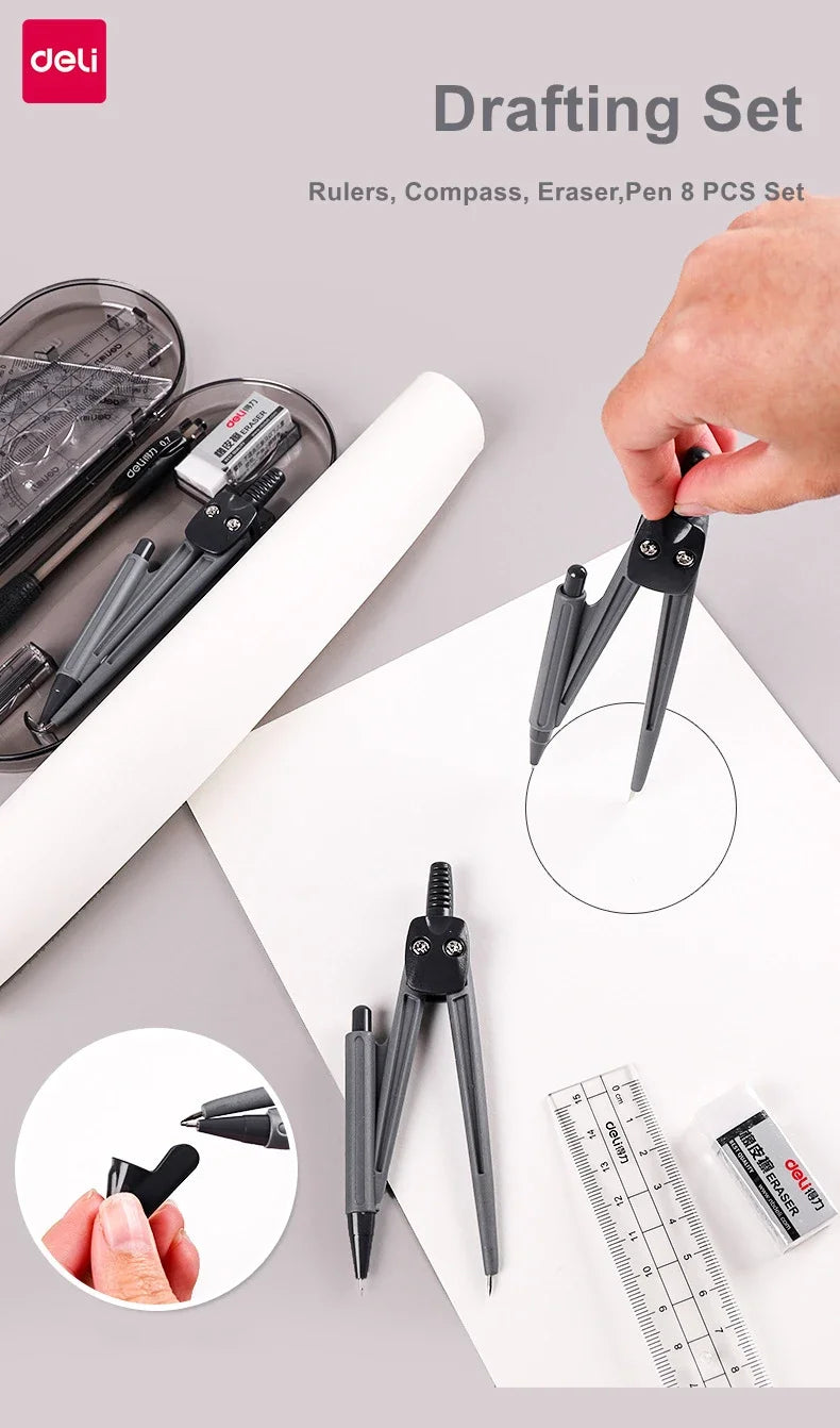 DELI Professional Drafting Tools Set 8PCS Drawing Kit with Compass Ruler Protractor Geometry Set for Students