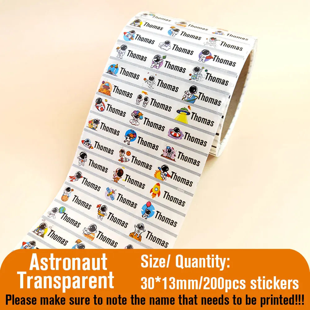 200pcs Custom Transparent Astronaut Name Sticker Waterproof Labels Hebrew Personalized First Name Tag for Children Stationery