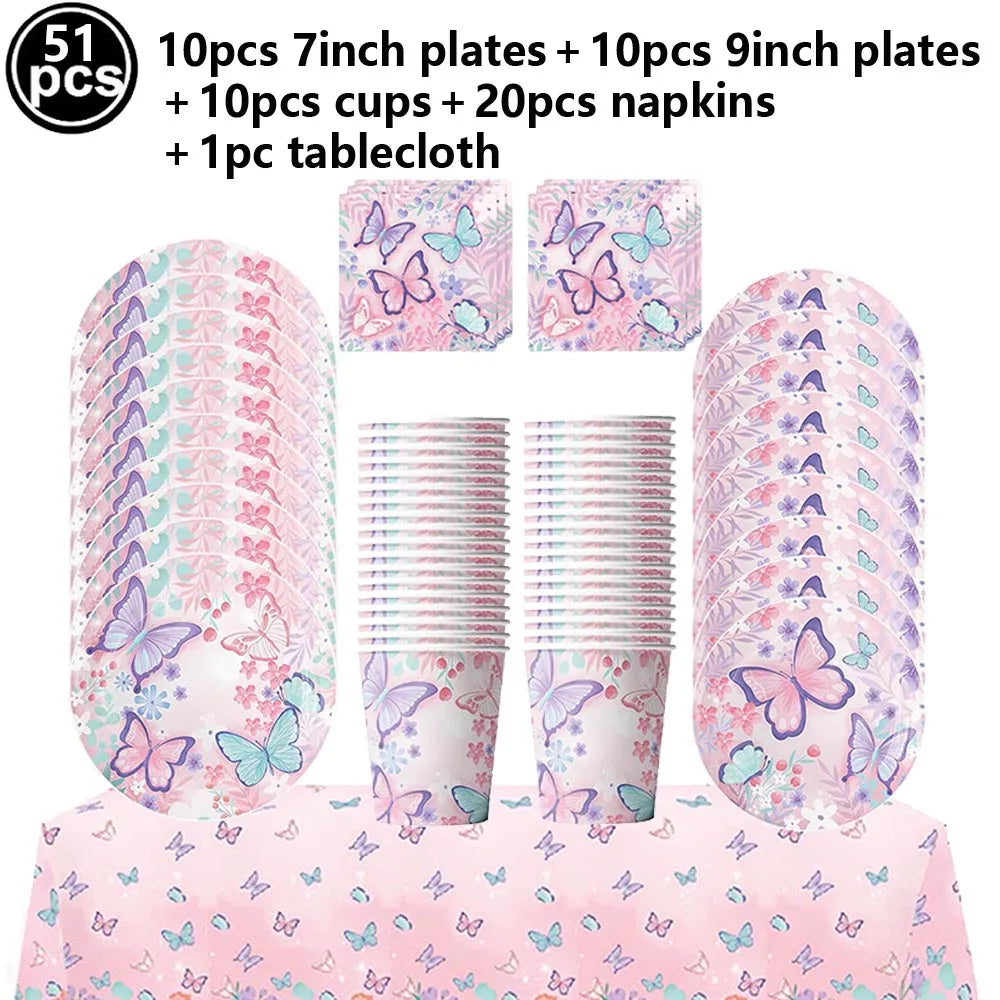 Butterfly Birthday Party Decoration Disposable Party Plates Cup Napkin Tablecloth Butterfly Knìfe Birthday Decoration Baby Showe