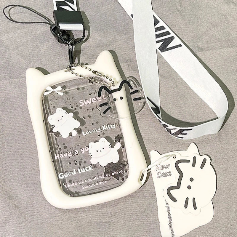 1PC Cat Ear Card Cover Transparent Student Bus Card Cover Subway Access Card ID Card Campus Card Water Card Document