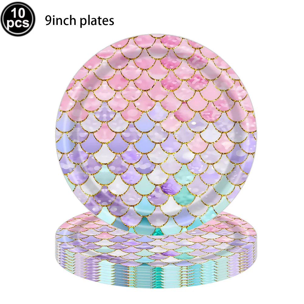 Mermaid Party Supplies Mermaid Scales Pattern Paper Plate Cup Napkin Popcorn Box Food Bowl Girl Birthday Party Baby Shower Decor