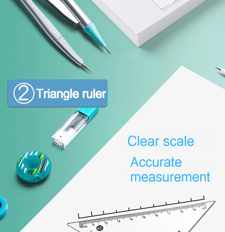 7Pcs/Set Student Compass Set School Mathematical Rulers Multi-Function Learning Professional Drawing Tool Girls Gifts Stationery