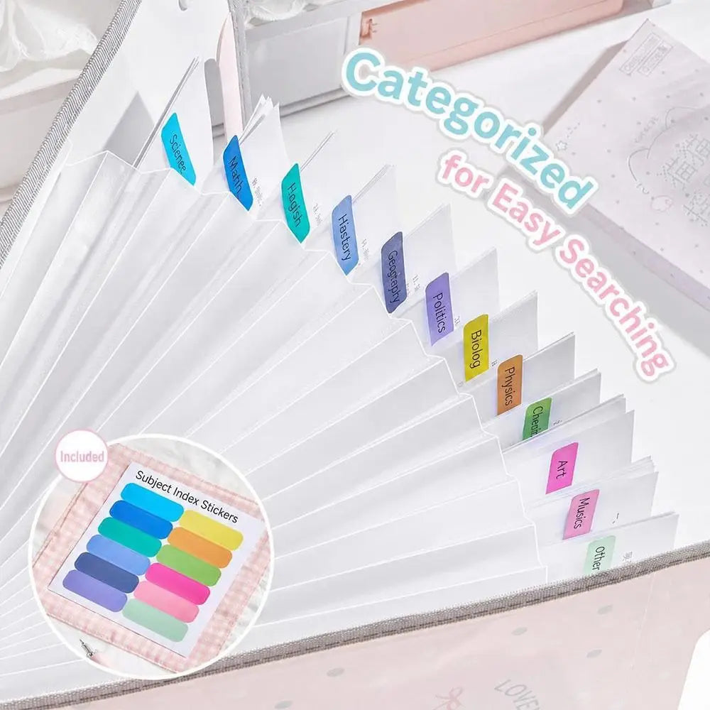 PP Accordion File Organizer Vertical Multi-Compartment Structure Expanding File Folder Portable Carry Handle Cute Pattern