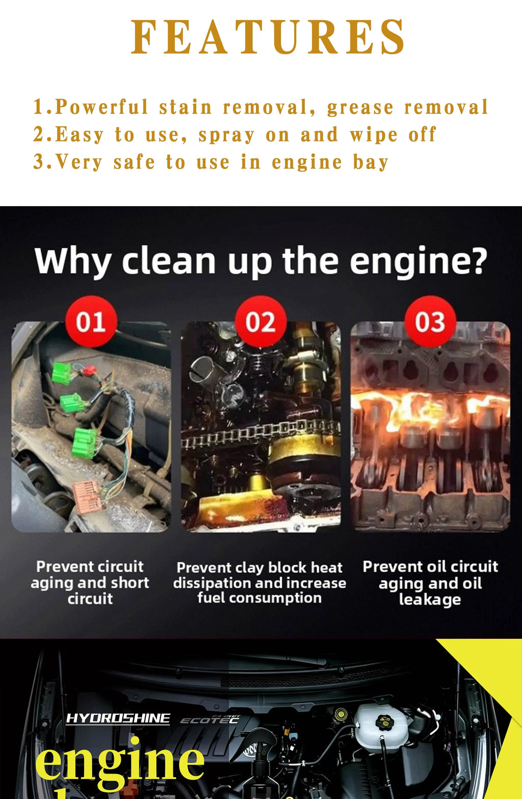 Hydroshine Engine Bay Cleaner Care  Heavy Oil Dust Clean Spray for Car Engine Powerful Decontamination Compartment Cleaning Tool