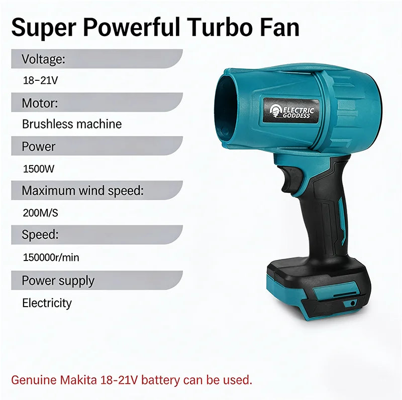 Electric Goddess Brushless Cordless Electric Air Blower Turbo Jet Fan Handheld Dust Blowing Tool For Makita 18V Battery Pin