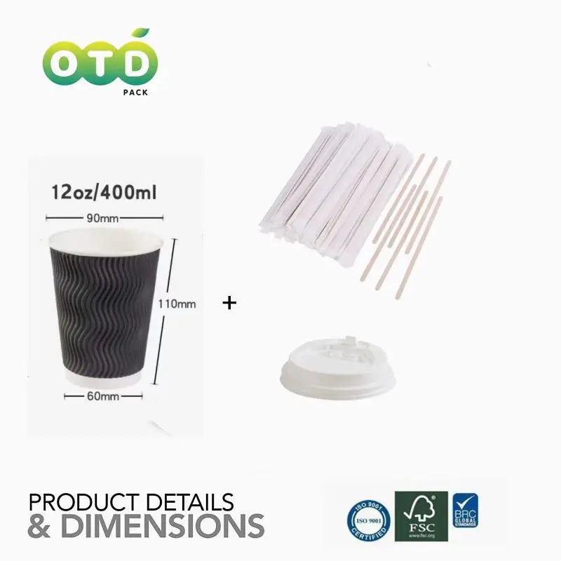 Black Rippled Double Wall Paper Cups, Disposable Coffee Cups, Paper Cups for Christmas Party and Daily [With Lids]