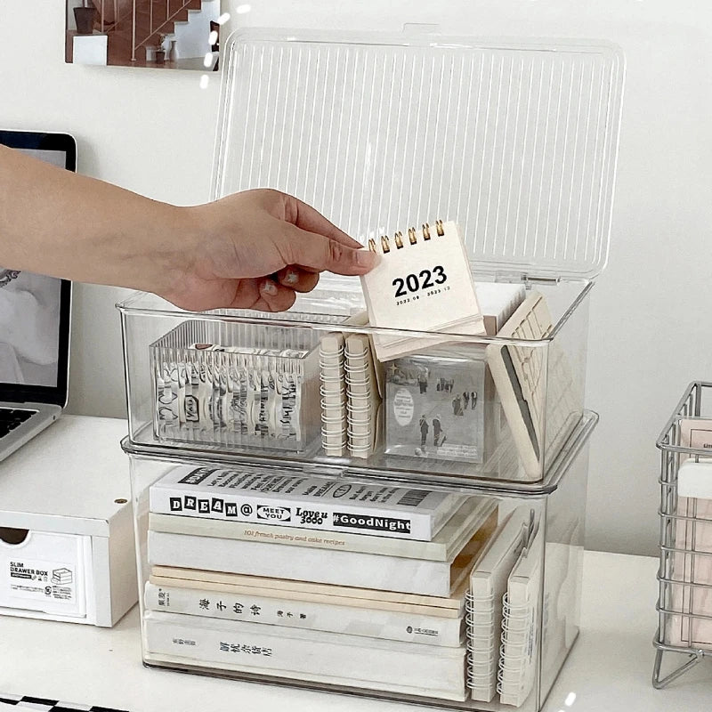Desktop Storage Box Large Capacity with Lid Cosmetic Organizer Box Transparent Office Supplies Book Document Storage Box