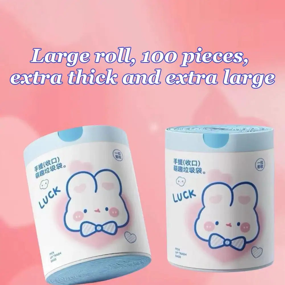 1 roll 100pcs blue rabbit garbage bag Portable Printed Thickened Garbage Bags, Stylish Blue Heart & Rabbit Drawstring Trash Bags