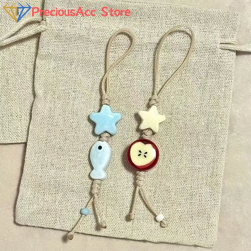 Cute Star Flower Mobile Phone Strap Kawaii Ceramic Beaded Mobile Phone Lanyard Bag Decoration Camera Pendant Fashion Keychain