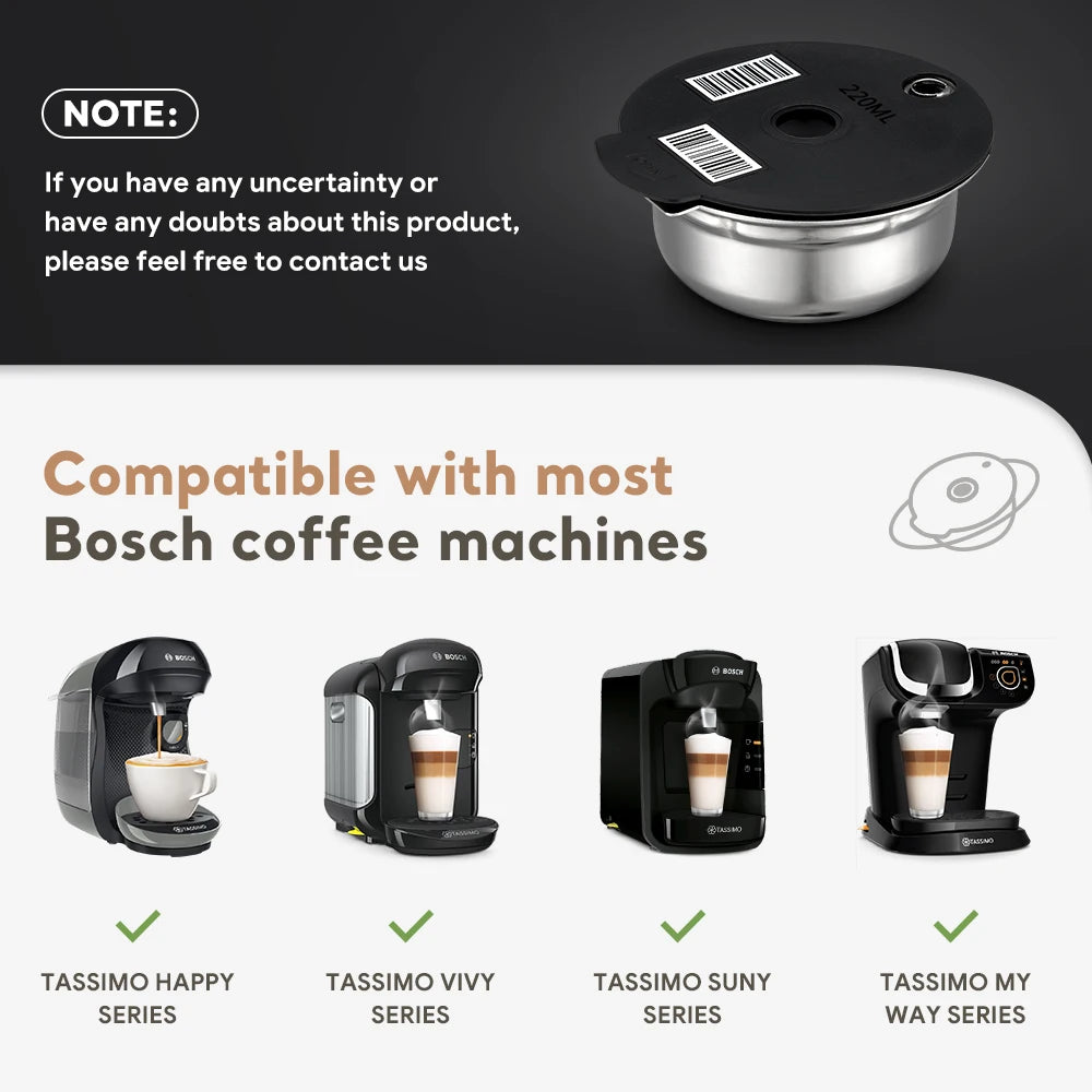 For Bosch Tassimo SUNY  HAPPY VIVY Refillable Coffee Filters Stainless Steel Coffee Capsule Pod Silicone Cover 60/180/200/220ml