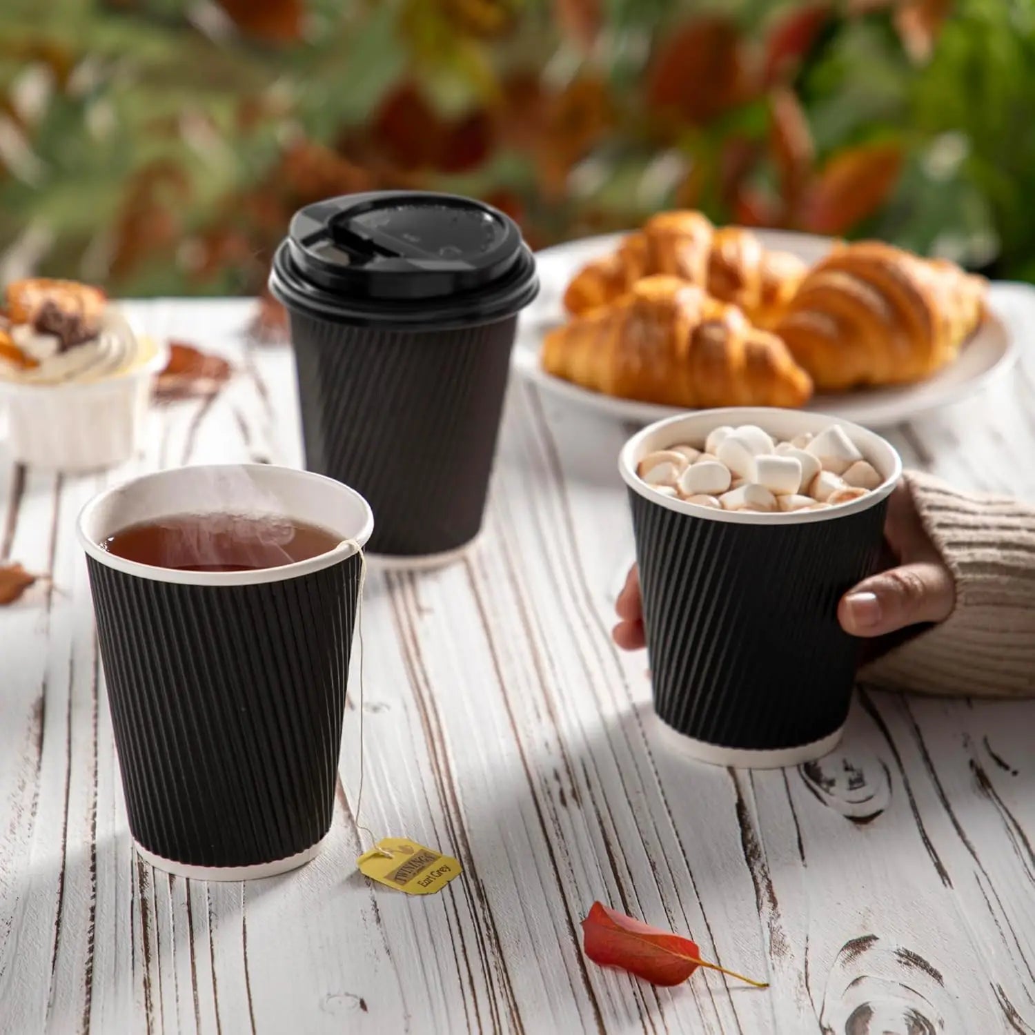 12OZ Black Disposable Coffe Cups with Lids Corrugated Triple Wall To Go Hot Cups Insulated Paper Cups for Hot Drinks Home Office