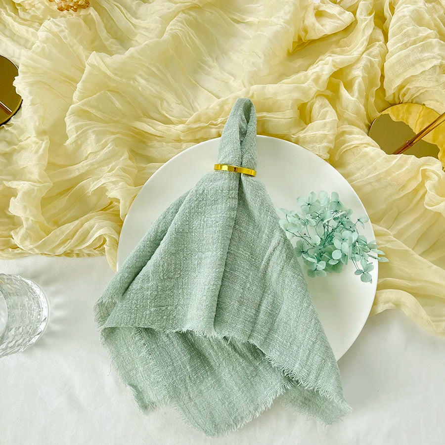 10pcs 32x32cm Gauze Cotton Wedding Napkins Reusable Green Trim Tea Towel Rustic Retro Burrs Napkins for Party Table Decoration