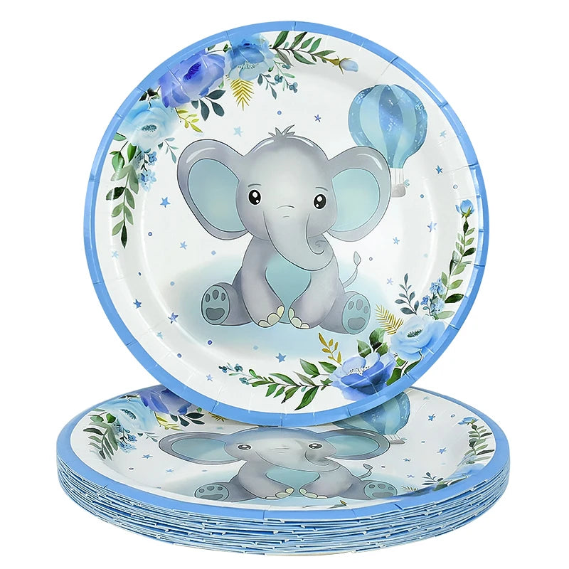 Cartoon Baby Elephant Disposable Tableware Set Paper Plate Cup Napkin Kids Boys Birthday Party Decoration Baby Shower Supplies