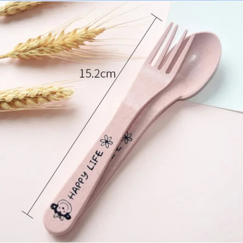 3Pcs/set Wheat Straw Baby Dishes Cartoon Tableware Set Kids Dinner Platos Baby Feeding Plate Training Bowl Spoon Fork Tableware