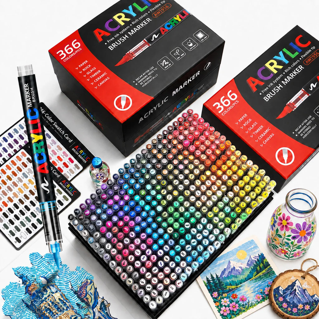 12-366 Colors Acrylic Marker Set Waterproof Acrylic Brush Marker Professional Acrylic Painting Marker DIY Art Supplies