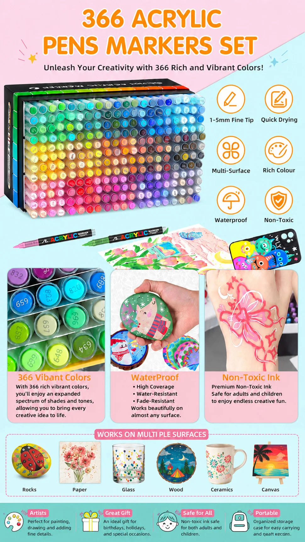 12-366 Colors Acrylic Marker Set Waterproof Acrylic Brush Marker Professional Acrylic Painting Marker DIY Art Supplies