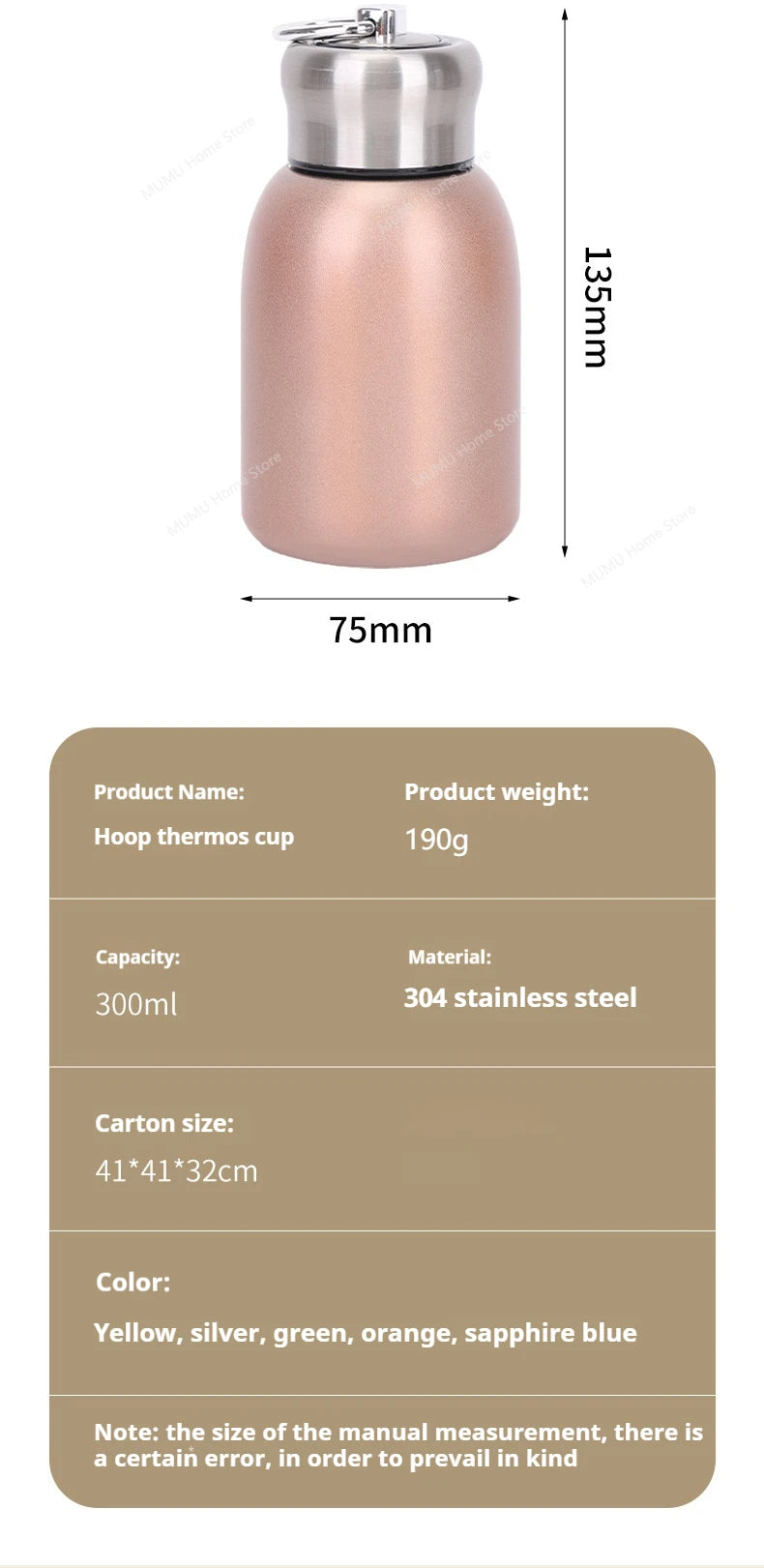 300ML Stainless Steel Vacuum Flask with Lifting Ring Mini Thermos Cup Car Insulated Cup Portable Travel Water Bottle Coffee Mug