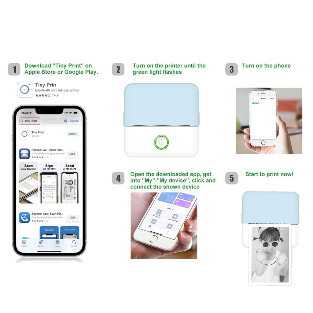Mini Portabl Printer Inkless Sticker Maker, Free Cut Small Pocket Printer, Portable Thermal Printer for Photo Journal Notes Memo