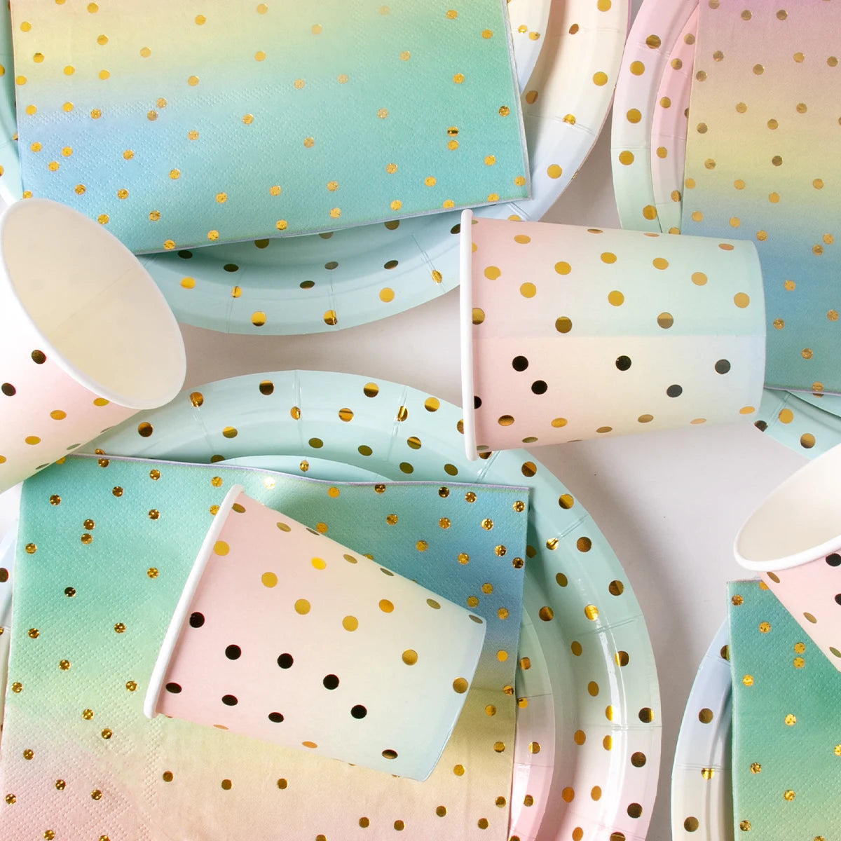 Pastel Rainbow Party Birthday Disposable Tableware Gold Dot Rainbow Gradient Paper Plate Cup Napkin Birthday Wedding Supplies
