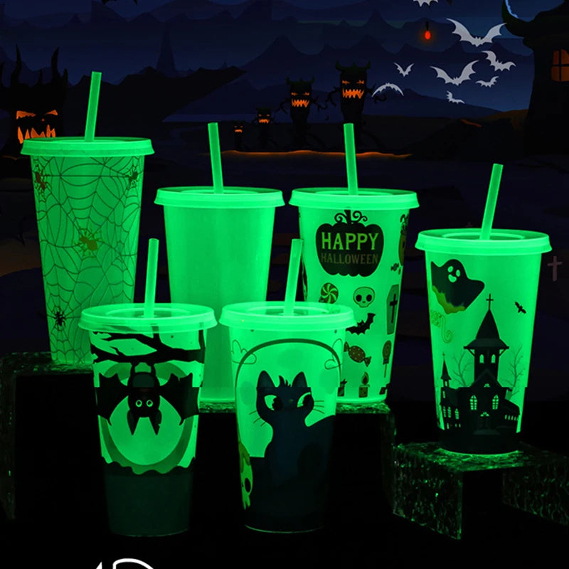 1PC 720ml Halloween Print Plastic Luminous Straw Cup Juice Milk Tea Coffee Cups for Party Supplies Funny Straw Cup Kitchen Drink