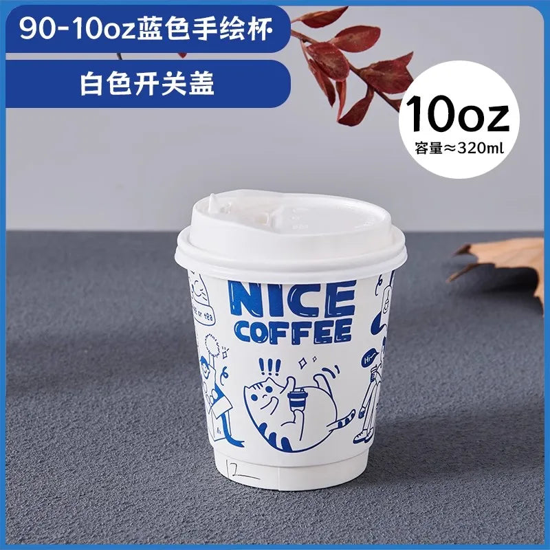 50pcs Cartoon Graffiti Coffee Cups 90 Caliber Disposable Fresh Milk Juice Paper Cup Milk Tea Hot Drink Takeaway Packaging Cup