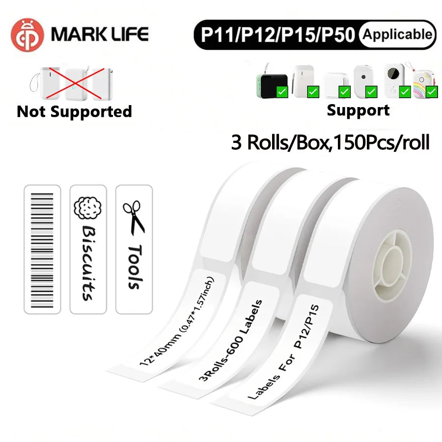 Marklife 3Rolls Labels P15 Thermal Label Adhesive Sticker Thermal Tape For P15,P12,D30,M110,M220,M1,Label Home Use, Business