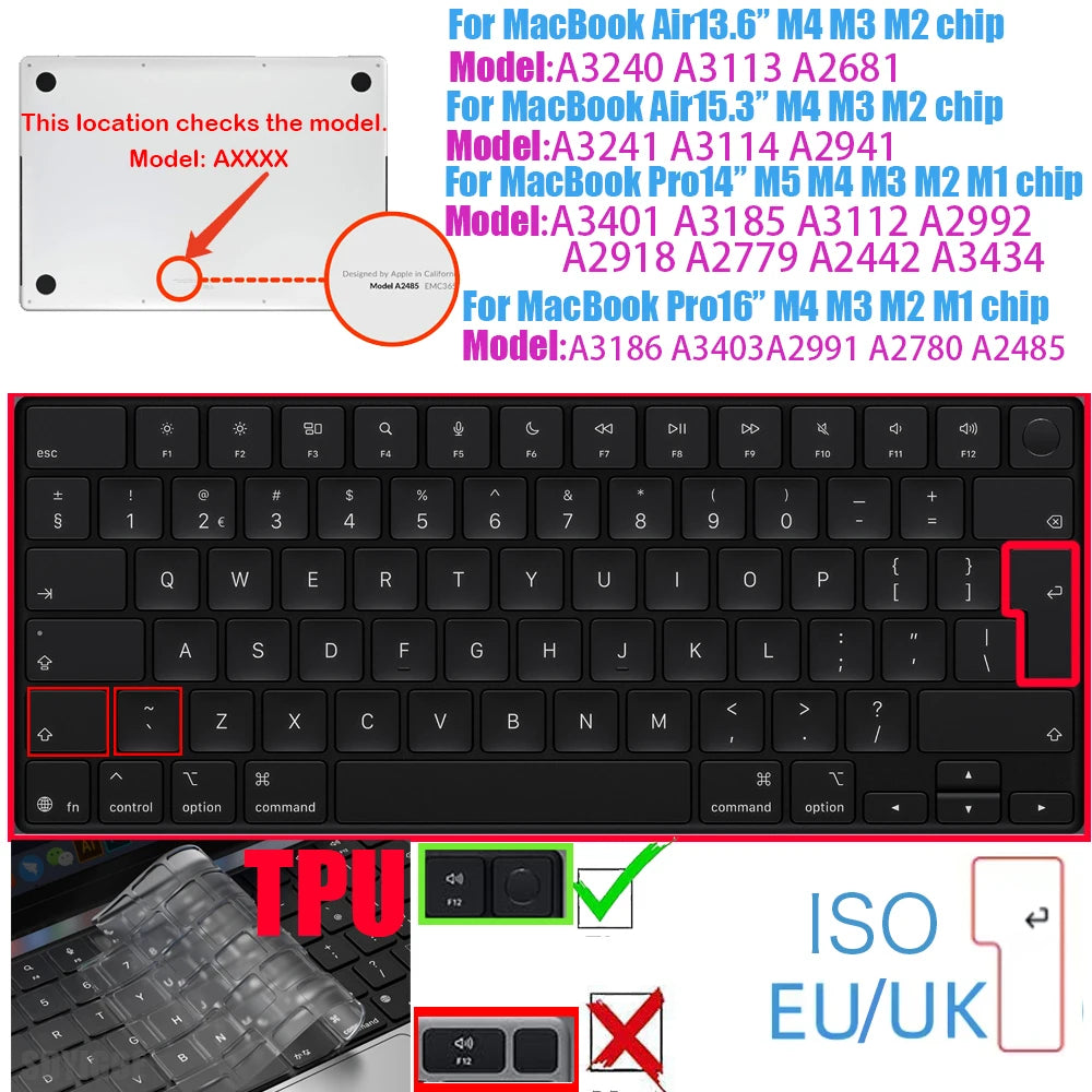 For MacBook Pro 14" M5 2025 Keyboard Cover TPU/Silicone - US & EU Layouts A3434 Pro16 Air15 Air3