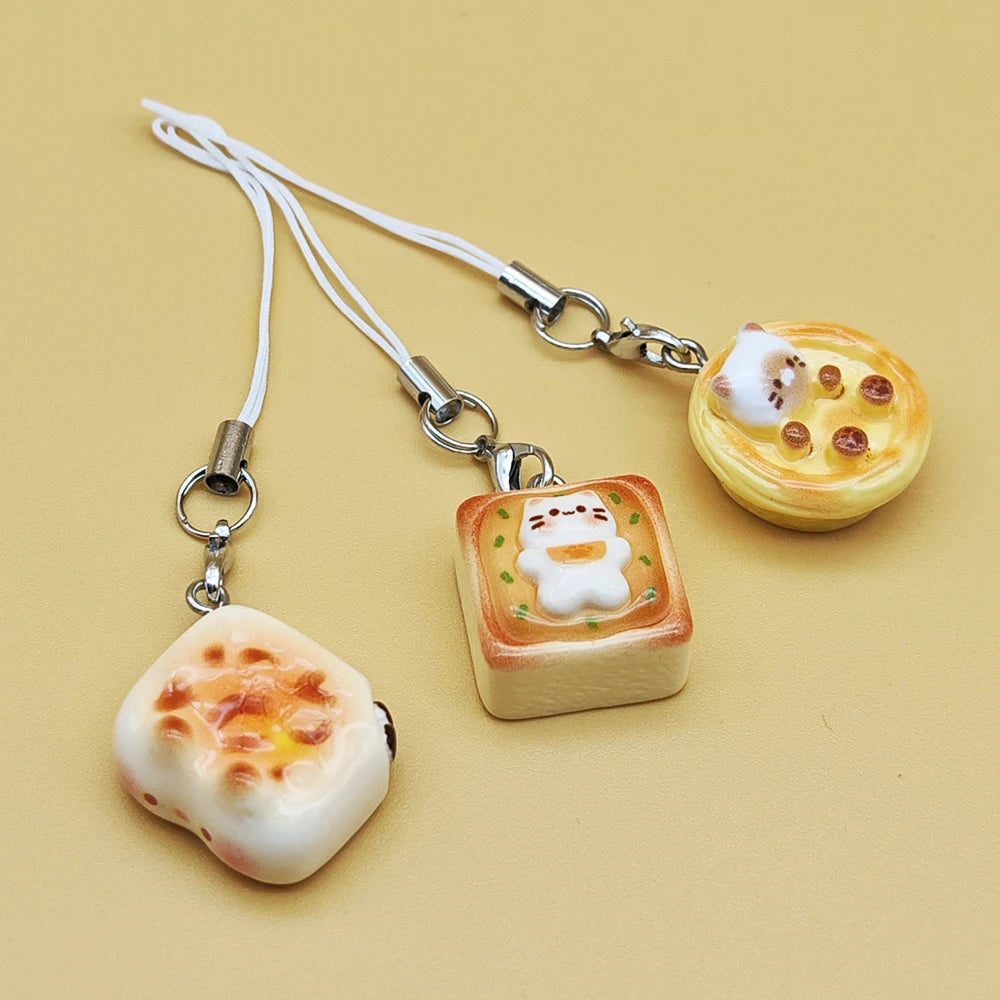 3pcs Set Japanese Style Cute Cat Bread Phone Charms Kitten Toast Keychains Kawaii Lanyard Pendant for Bags Perfect Gift