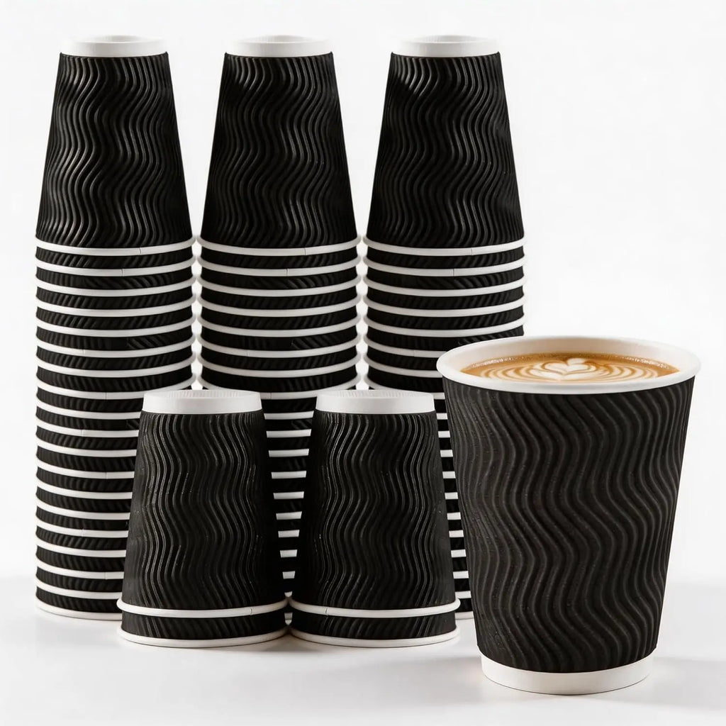 Black Rippled Double Wall Paper Cups, Disposable Coffee Cups, Paper Cups for Christmas Party and Daily [With Lids]