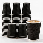 Black Rippled Double Wall Paper Cups, Disposable Coffee Cups, Paper Cups for Christmas Party and Daily [With Lids]