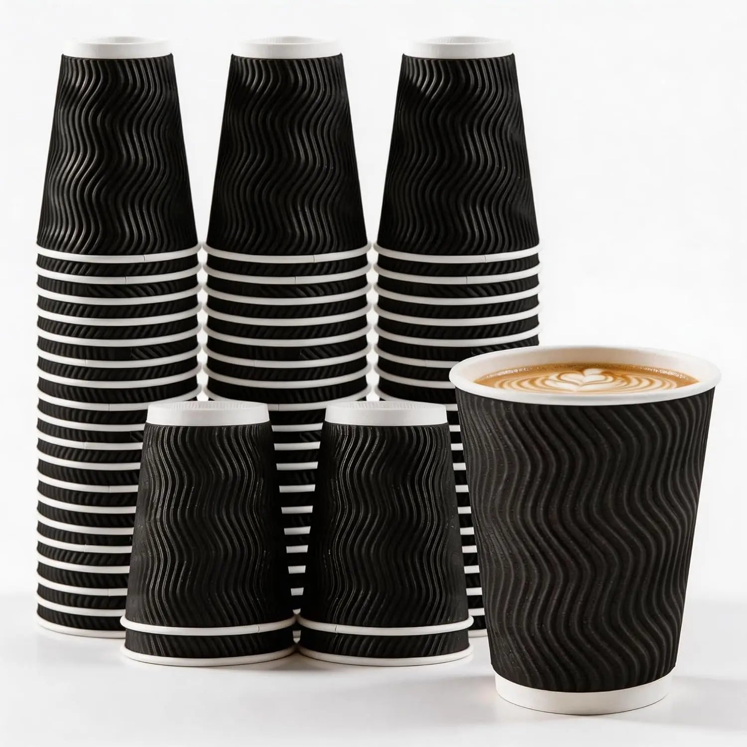 Black Rippled Double Wall Paper Cups, Disposable Coffee Cups, Paper Cups for Christmas Party and Daily [With Lids]