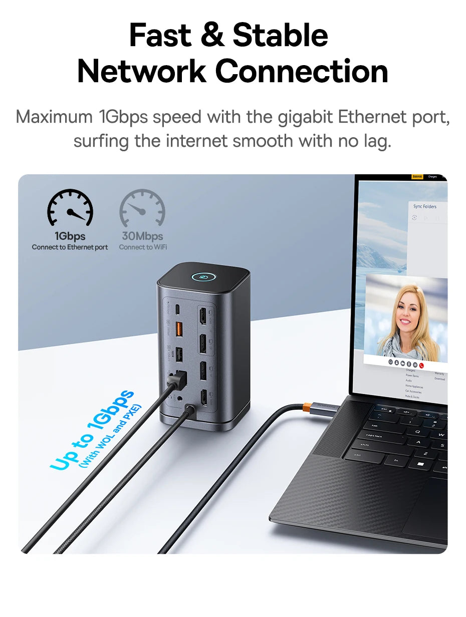 Baseus 11-IN-1 USB C HUB HDMI DP 4K@60Hz MST Triple Display USB 3.2 Splitter with RJ45 3.5mm Mic PD100W Magnetic Docking Station