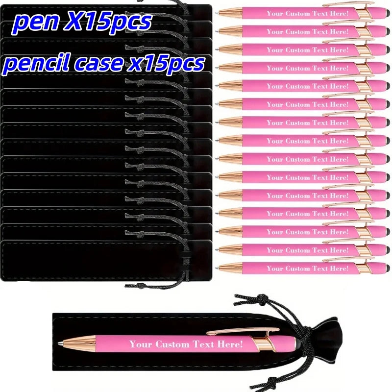 15Sets Customizable Engraved Metal Ballpoint Pens with Durable Case + 15pcs Custom Pen Bags - Bulk Writing Utensils for Business