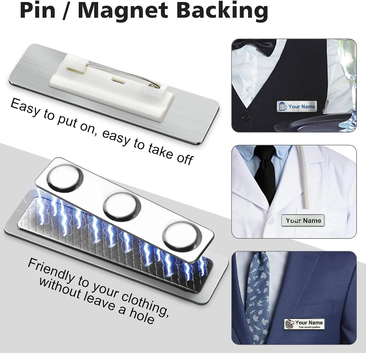 Stainless Steel Custom Name Tag with Pin Clip - Engraved Personalized Work Badge Business Identification Metal ID Name Plate