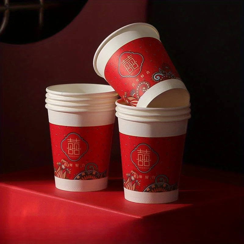 50pcs, Disposable Xi Character Cup, Bridal Party Wedding Paper Cup, Red Xi Character Paper Cup, Wedding Tea Ceremony Paper Cup