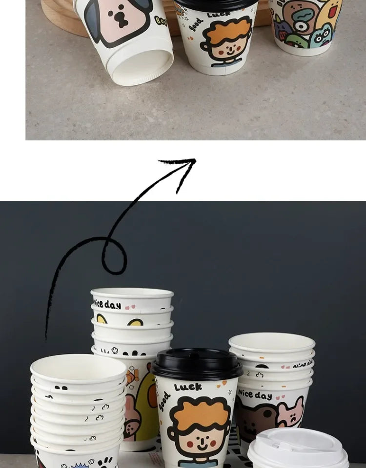 25pcs 90 Caliber Disposable Coffee Cups Fresh Milk Hot Drink Thickened Cartoon Paper Cup Milk Tea Takeaway Packag Cup with Lid