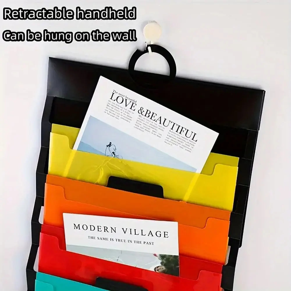 Wall-mounted document organizer, A4 size, with 6 pockets, multi-layered organization, suitable for schools, homes, and offices.