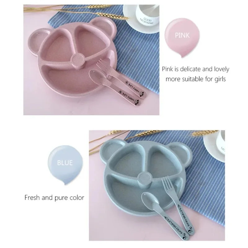 3Pcs/set Wheat Straw Baby Dishes Cartoon Tableware Set Kids Dinner Platos Baby Feeding Plate Training Bowl Spoon Fork Tableware