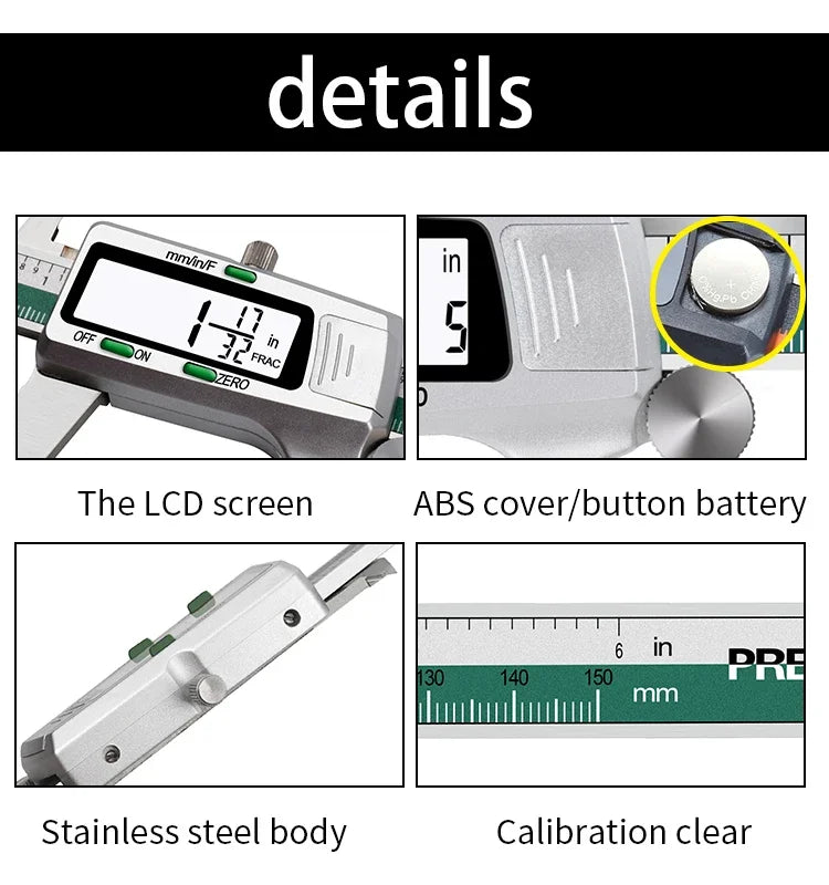 ET50 150mm Digital Caliper Stainless Steel Fraction / MM / Inch 0.01mm High Precision for Mechanical Components Measure