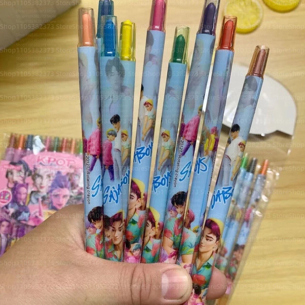 Popular rotating crayons girl group style 12 colors cute drawing tools for kids students daily coloring painting stationery