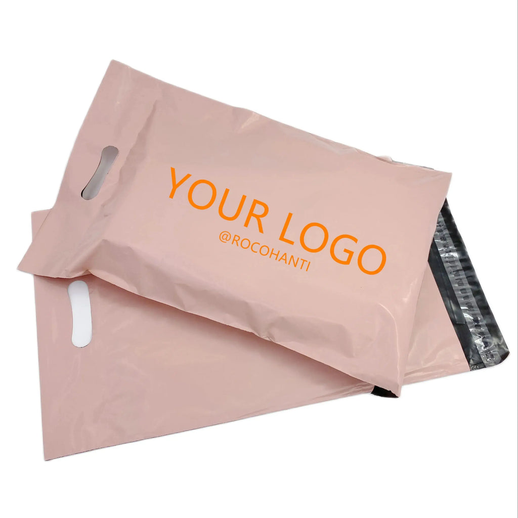 100x Custom LOGO Poly Mailing Bag Pink Mailers Envelopes Plastic Postal Bag Shipping Packages with Handle for Clothing Packaging