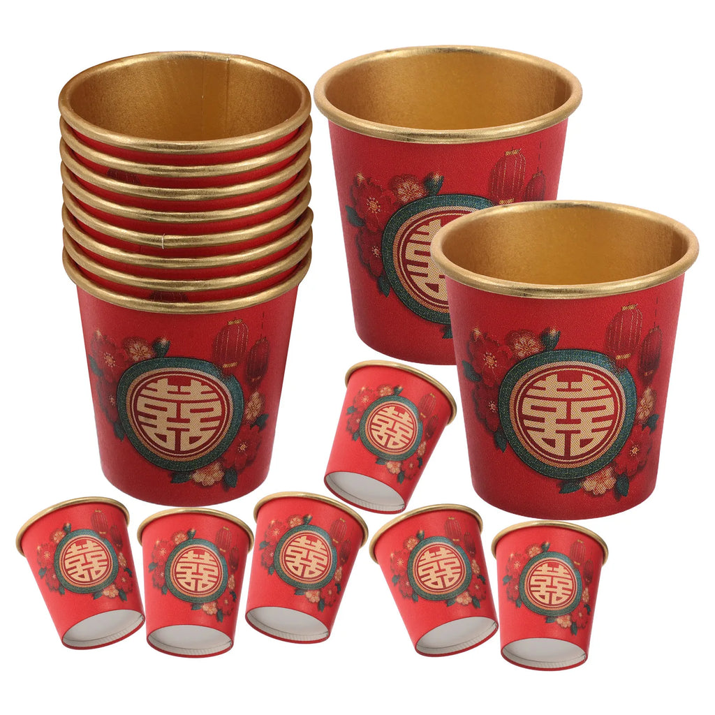 50Pcs Disposable Red Mini Paper Cups Wedding Toast Wine Tea Glasses Chinese Wedding Party Decoration