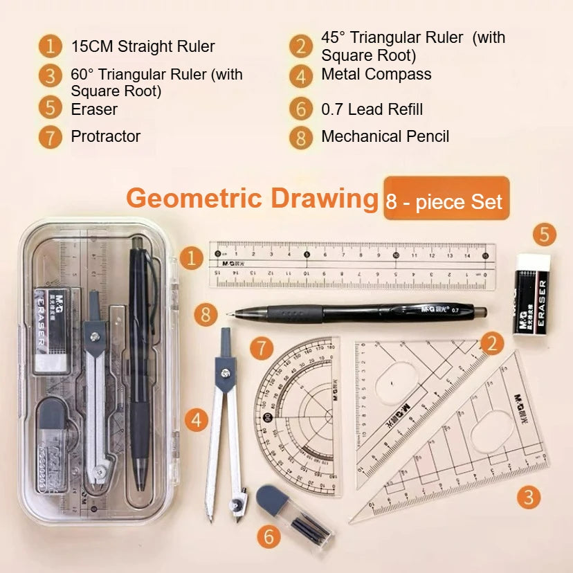 M&G Exam Ruler Set with Square Root Straight Ruler Protractor and Compass with Pen - Holding Design Refillable Type ACS90808