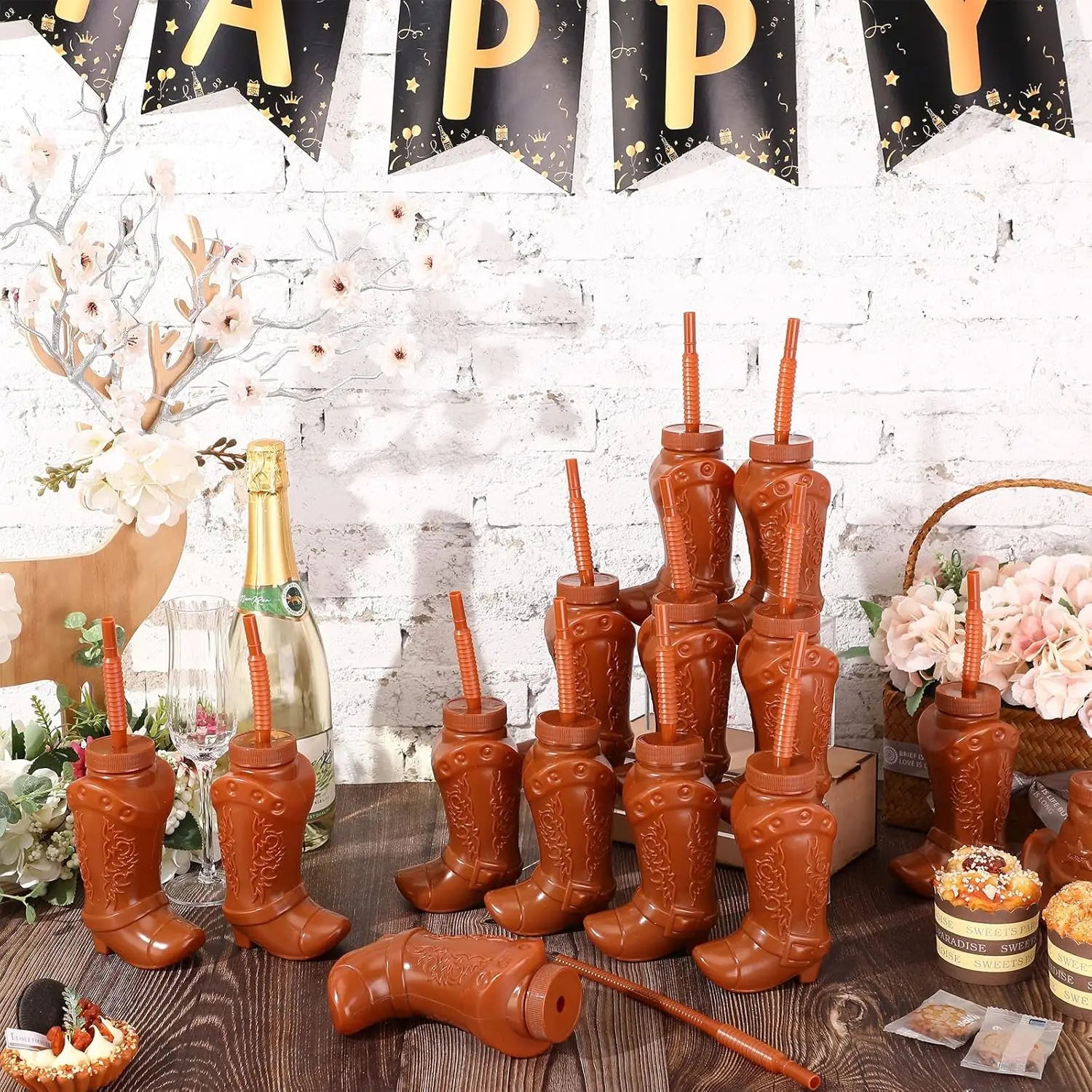 Plastic Cowboy Boot Cups with Straws and Lids Reusable Cowboy Cup for Western Themed Party Supplies Rodeo Birthday Decorations
