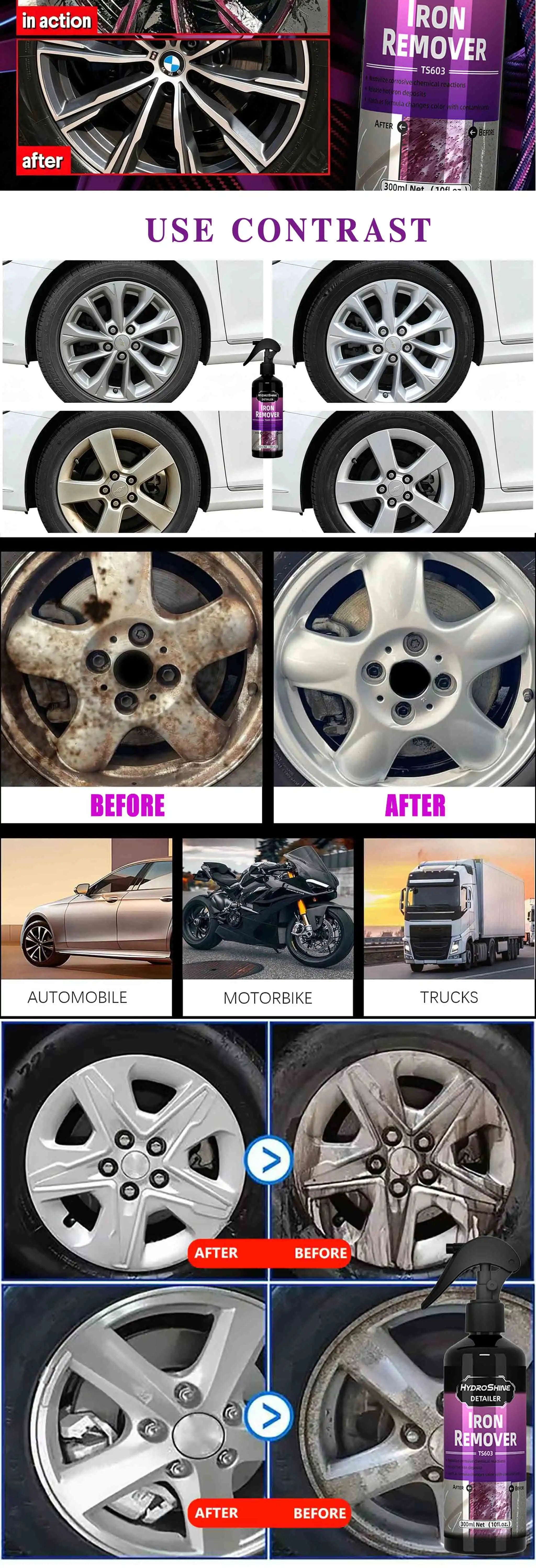 Hydroshine Iron Remover Car Detailing Fallout Spray Decontamination Kit Rust Remover Spray for Brake Rim Metal Surface Particles