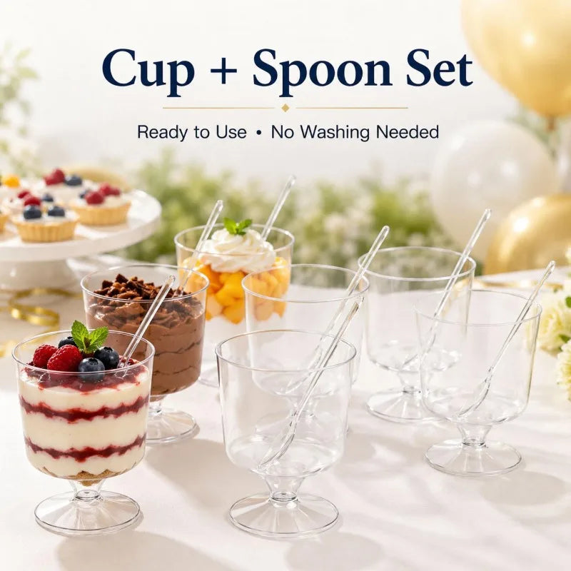 Disposable Plastic Cups with Spoons Transparent  DIY Dessert Cup Pudding Container for Ice Cream Cake Fruit Yogurt Snacks Bowls